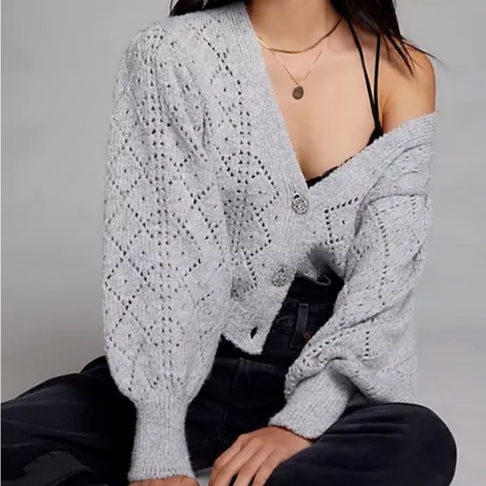 Anthropologie XS Gray Knit Pointelle Cardigan Button Sweater